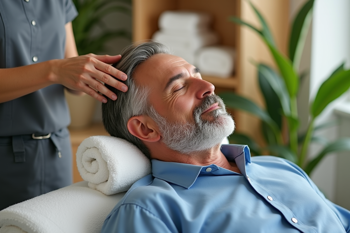 Homme détendu recevant un massage du cuir chevelu en spa