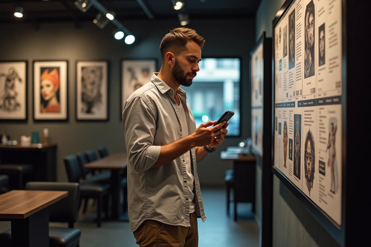 Jeune homme dans un studio de tatouage examinant une affiche