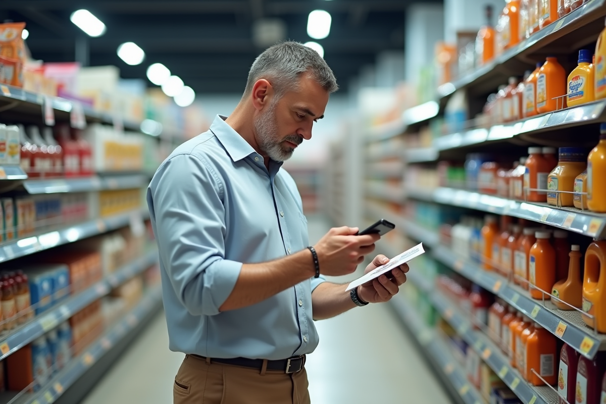 Homme compare deux étiquettes de prix dans un supermarché