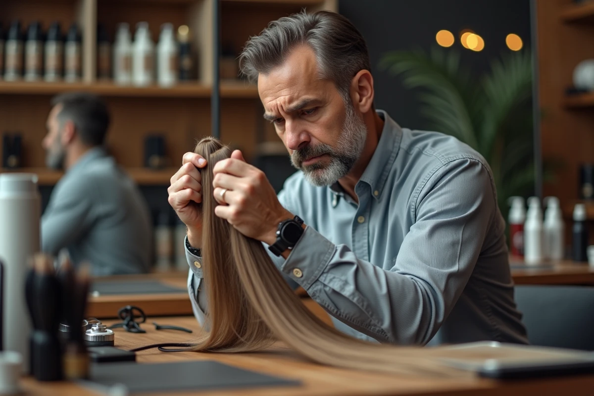 Homme examinant une extension capillaire en salon