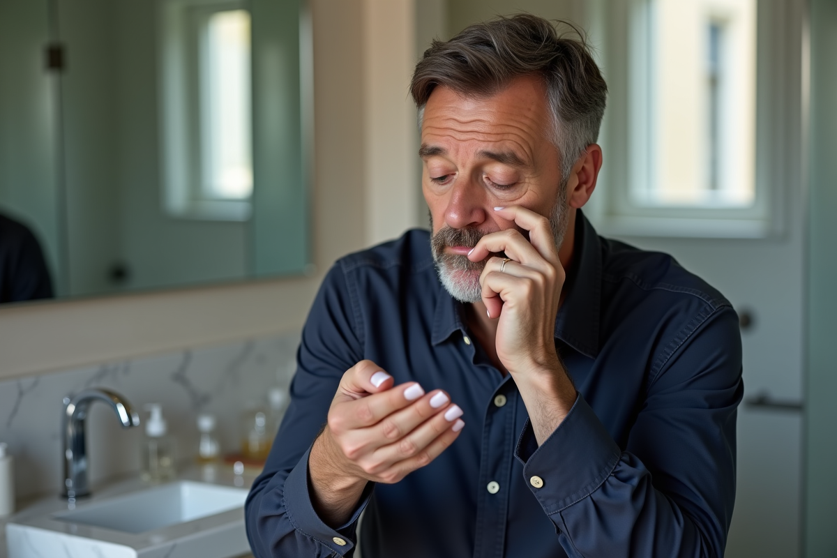 Homme regardant ses ongles gelés dans une salle de bain moderne