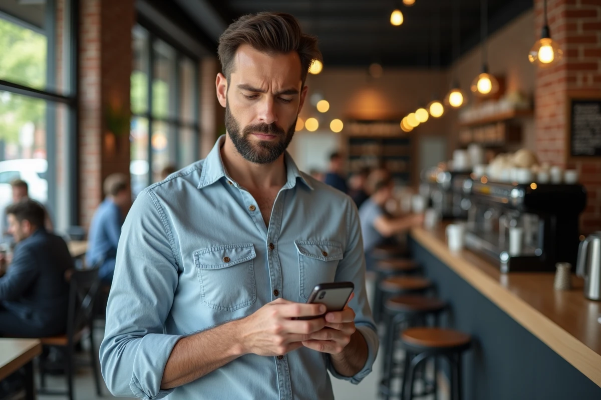 Homme lisant une annonce de massage sur smartphone dans un café, expression dubitative