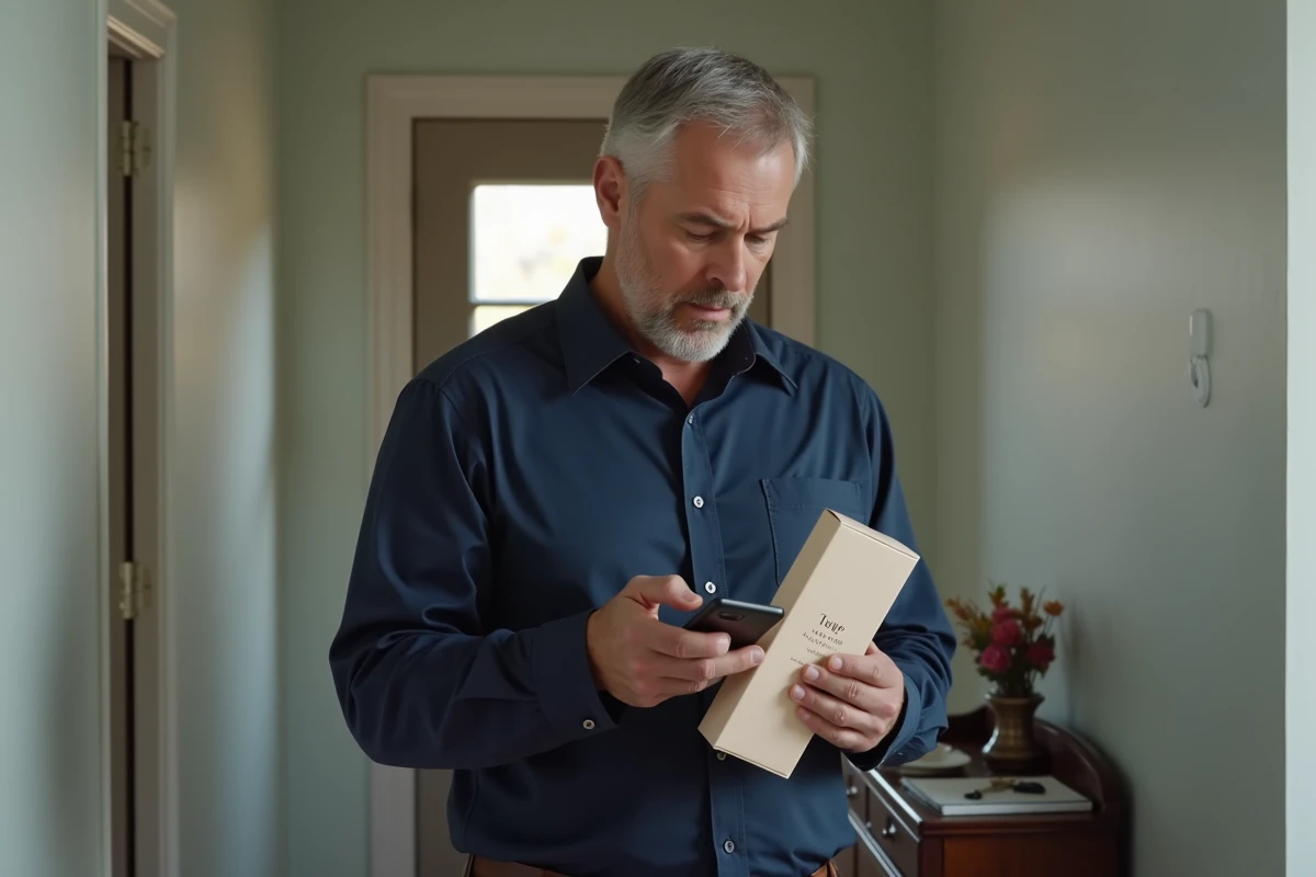 Homme vérifie l’étiquette d’un parfum dans le couloir
