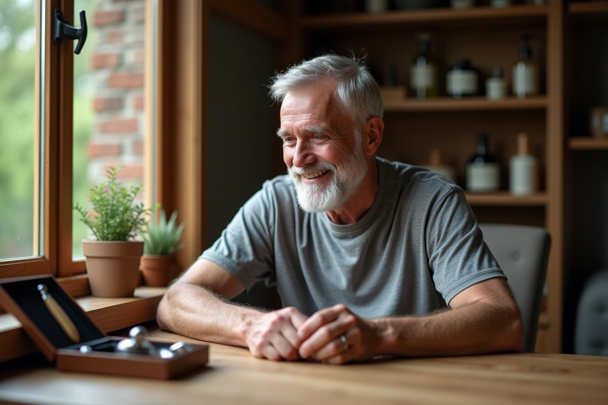 Homme âgé inspectant un kit de rasage traditionnel