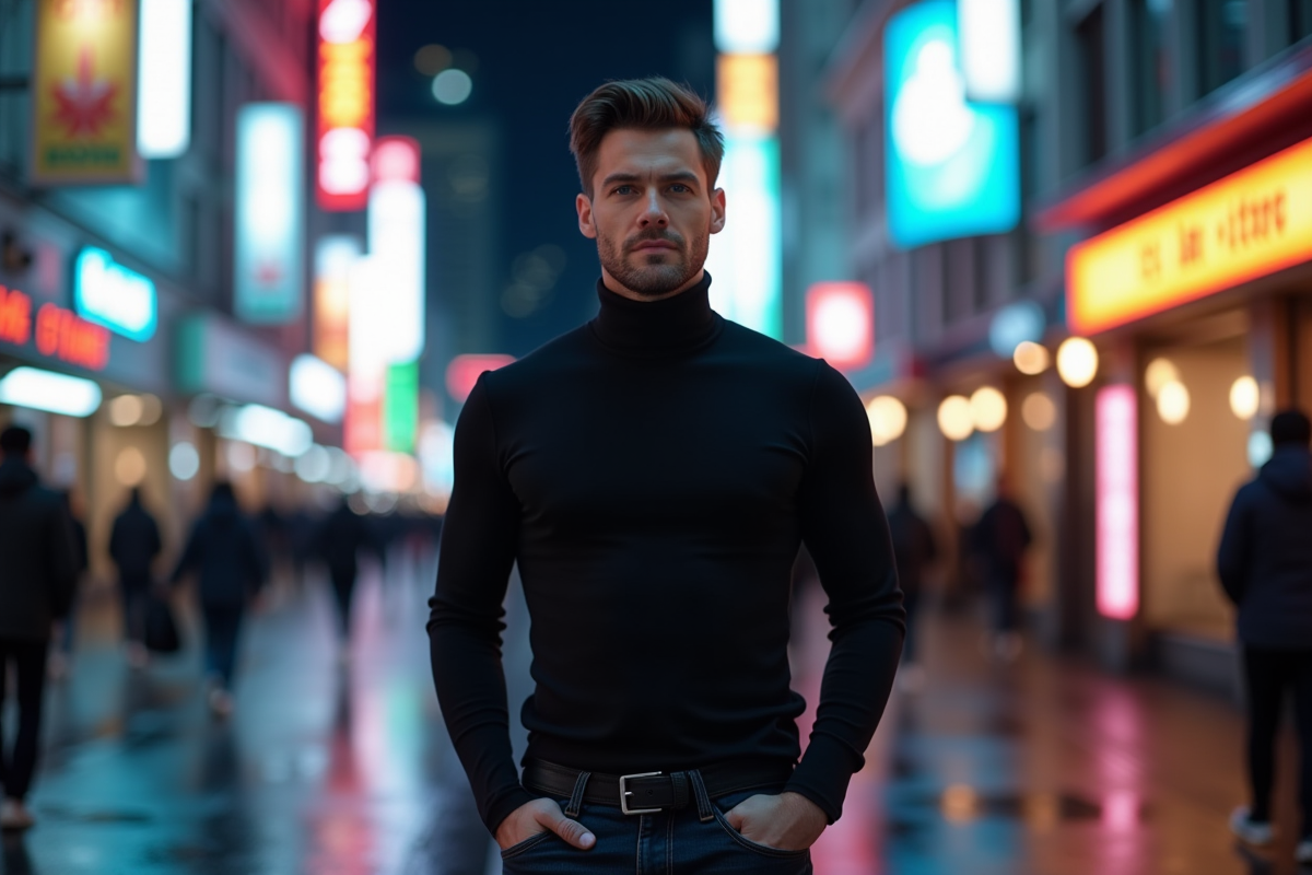 Homme confiant marche seul dans une ville la nuit