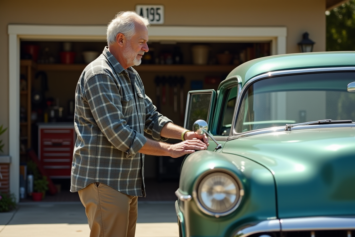 Homme inspectant une voiture américaine dans une allée