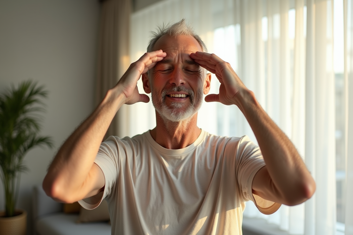 Homme mature pratiquant le yoga facial dans un salon lumineux