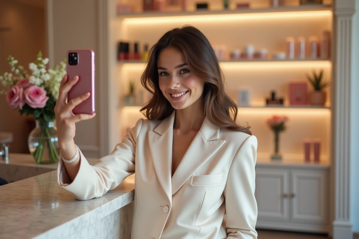 Jeune influenceuse posant pour un selfie dans un salon moderne