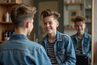 Jeune garçon avec un mullet moderne dans un salon de coiffure