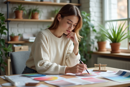 Jeune designer choisissant des échantillons de couleurs