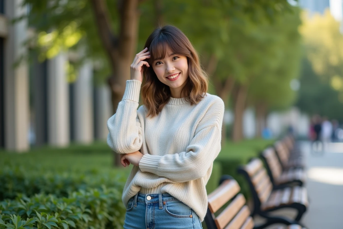 Jeune femme ajustant sa frange en plein air dans un parc