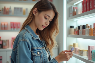 Jeune femme en magasin de beauté regardant des produits