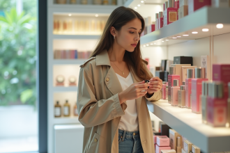Jeune femme dans une boutique de beauté examine un rouge à lèvres