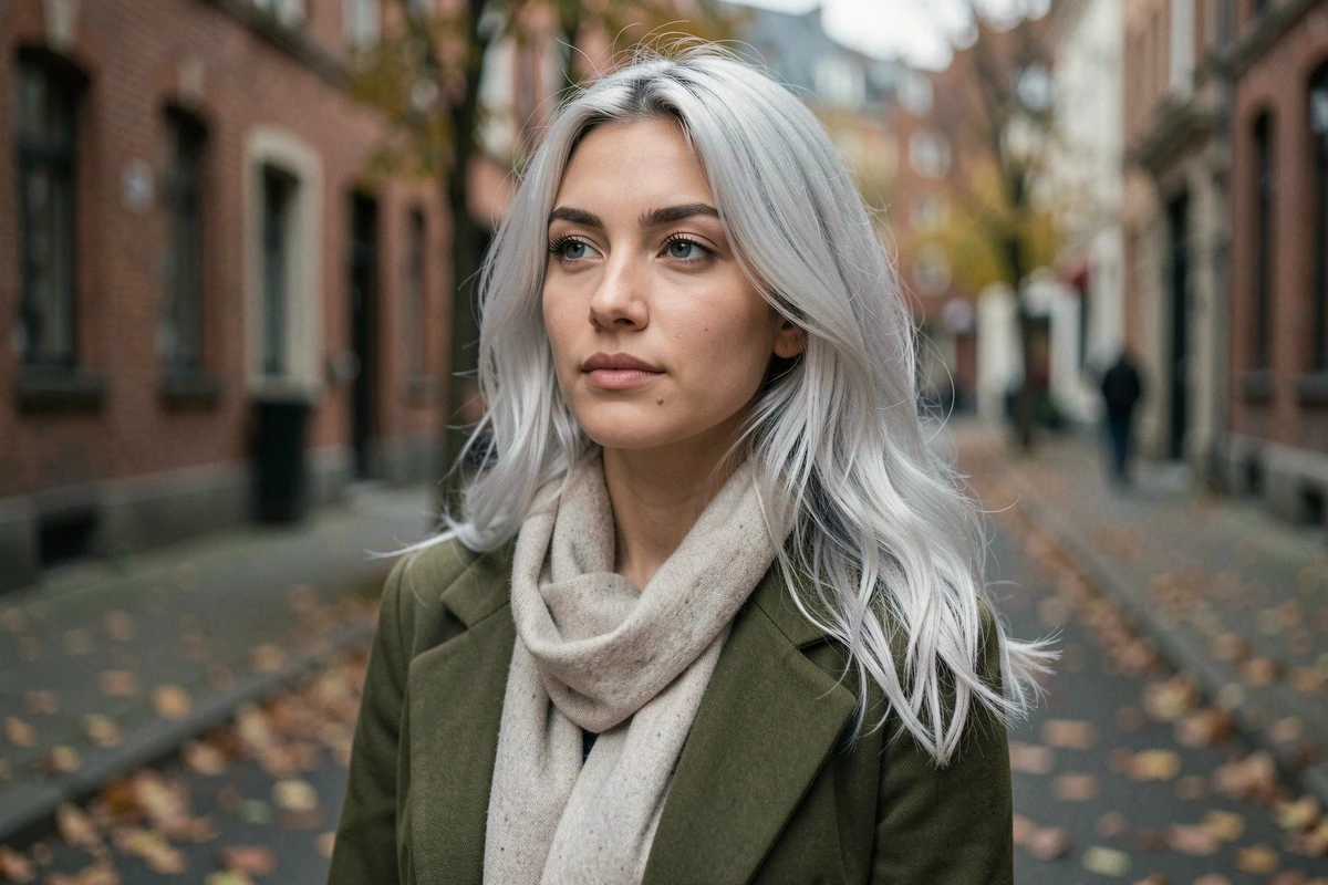 Jeune femme avec des cheveux blancs naturels dans une rue urbaine en automne