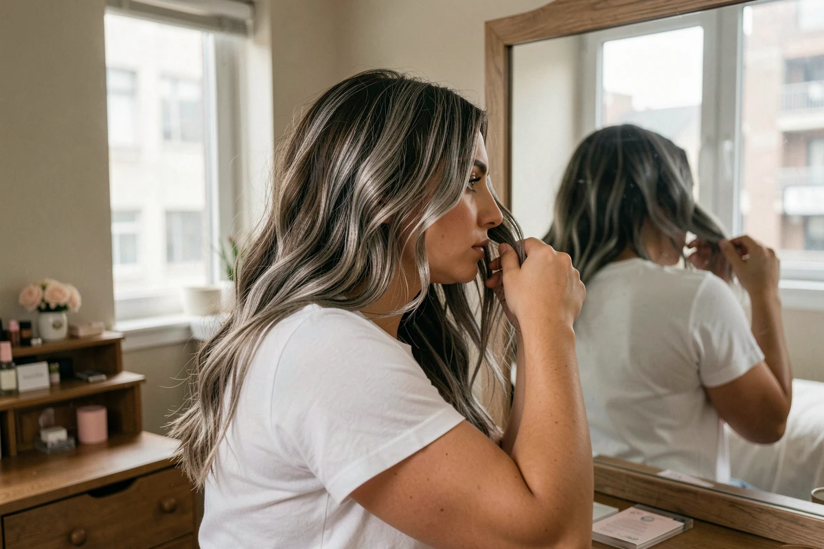 Jeune femme aux cheveux blancs prématurés examinant ses mèches grises dans un miroir de chambre