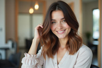 Jeune femme souriante avec coiffure gradient volumineuse