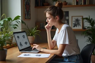 Jeune femme étudie des devis de tatouage sur son ordinateur