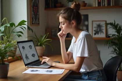 Jeune femme &eacute;tudie des devis de tatouage sur son ordinateur