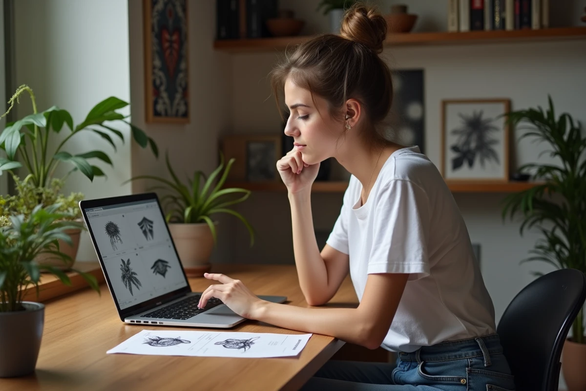 Jeune femme étudie des devis de tatouage sur son ordinateur