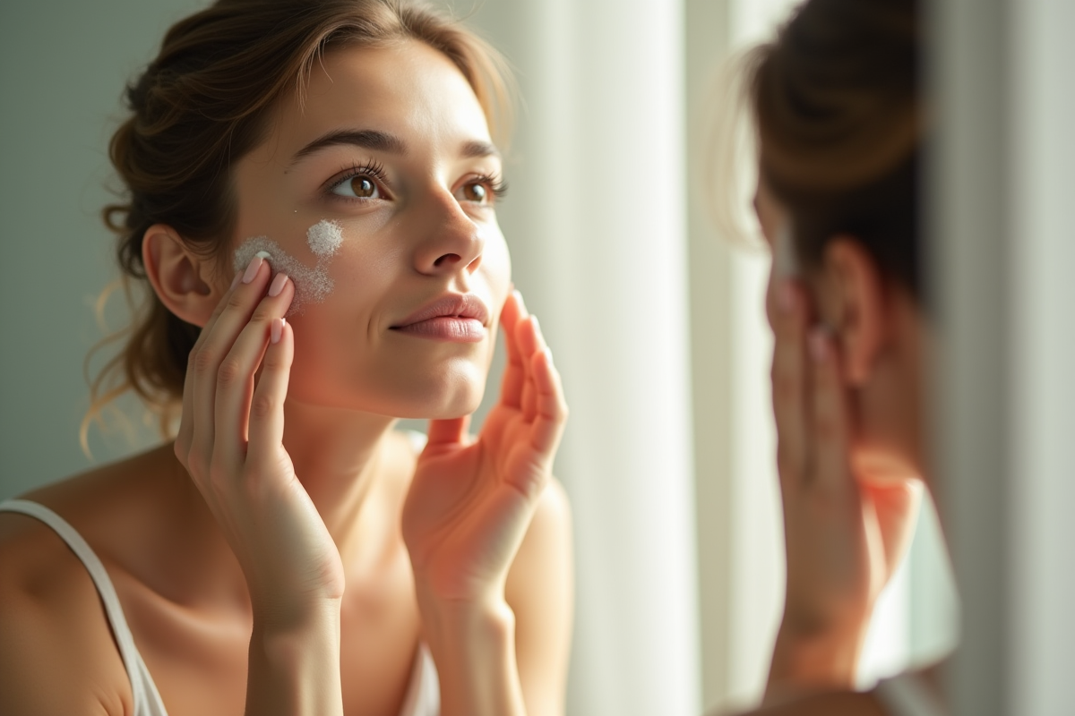 Jeune femme appliquant une crème hydratante sur le visage