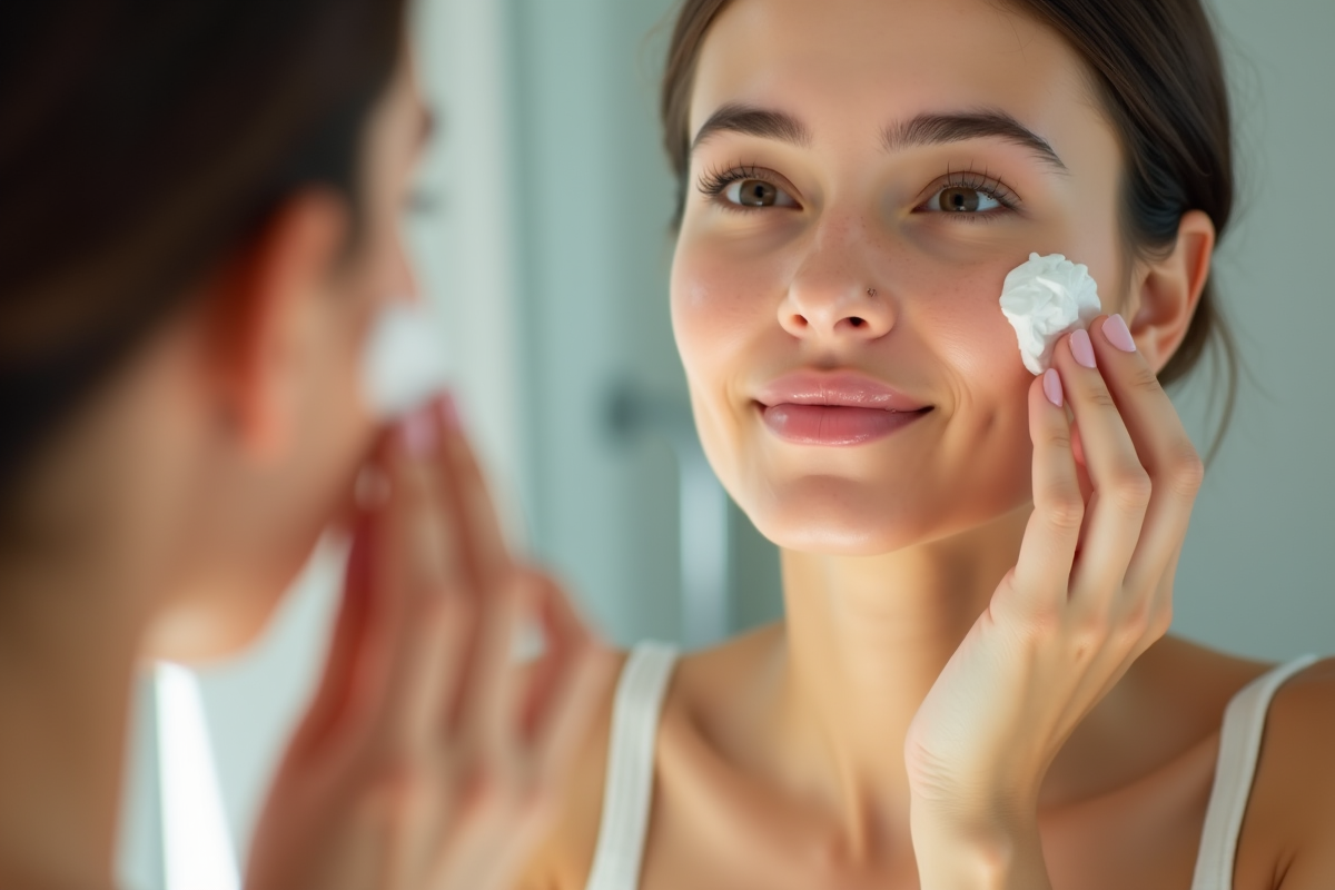 Jeune femme appliquant une creme visage naturelle devant miroir