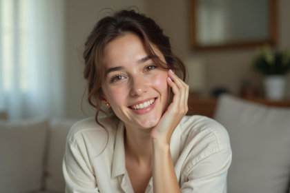 Jeune femme en blouse en lin dans un salon lumineux