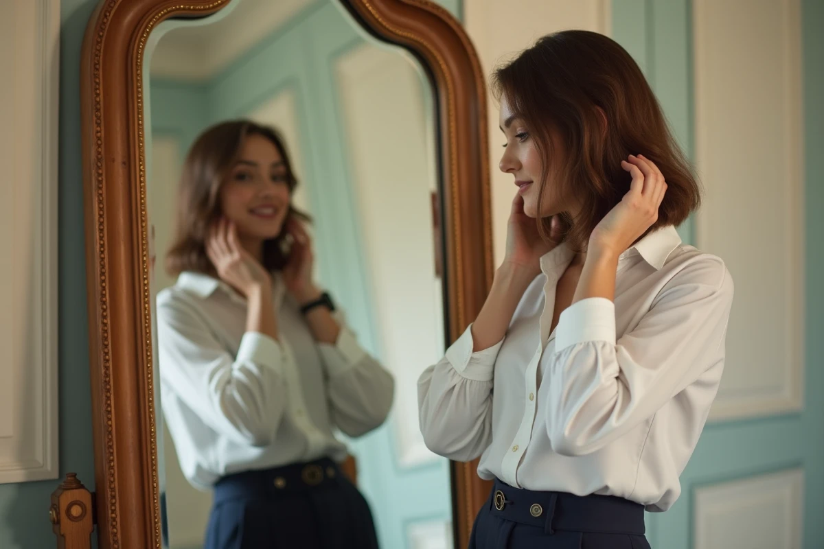 Jeune femme élégante se regardant dans un miroir moderne