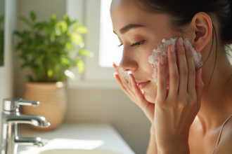 Jeune femme nettoyant son visage au lavabo avec lumière naturelle