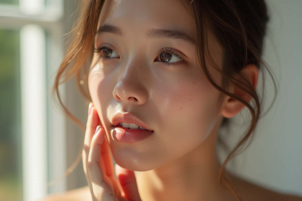 Jeune femme avec peau lumineuse touchant sa joue naturel