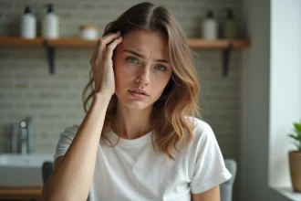 Jeune femme touchant son cuir chevelu dans la salle de bain