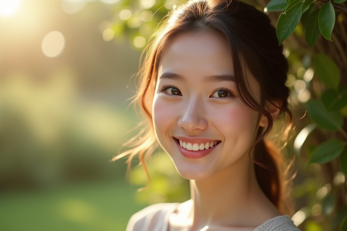 Jeune femme souriante avec traits naturels en jardin