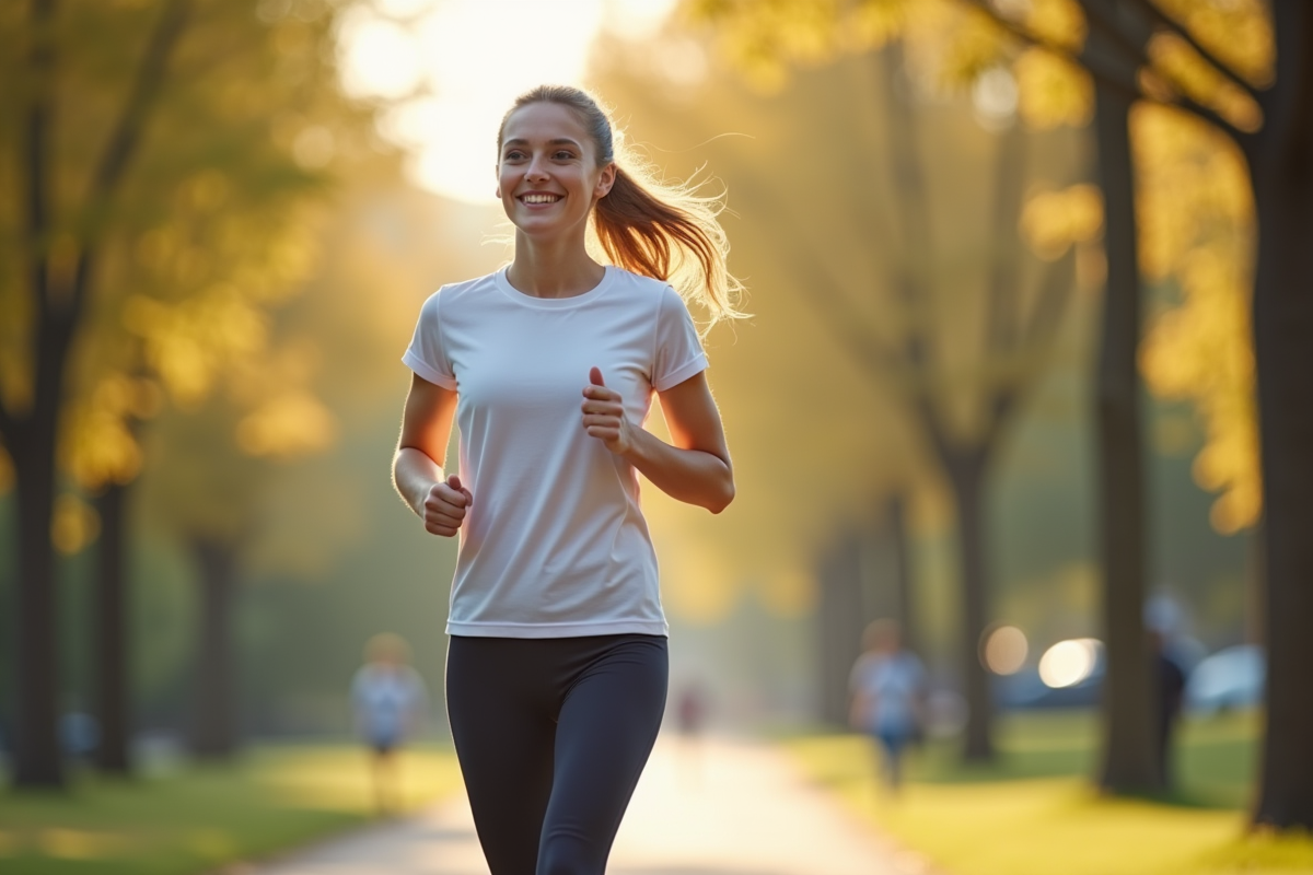 Jeune femme souriante en jogging dans un parc ensoleille