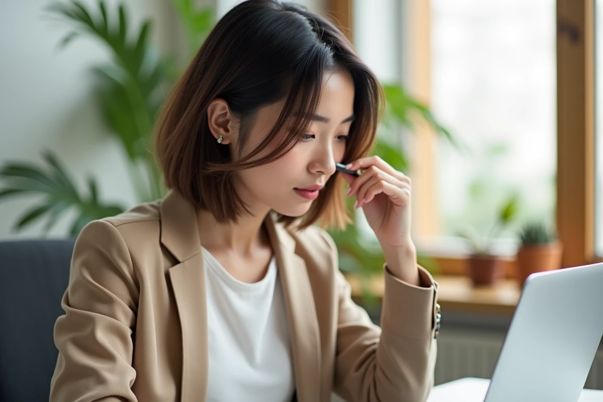 Jeune femme professionnelle coiffant ses cheveux au bureau