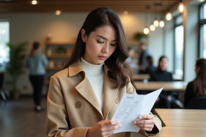 Jeune femme en trench beige lisant une liste de prix dans un salon de Toulouse