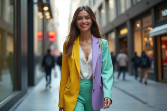 Jeune femme en tailleur colorblock dans la ville moderne