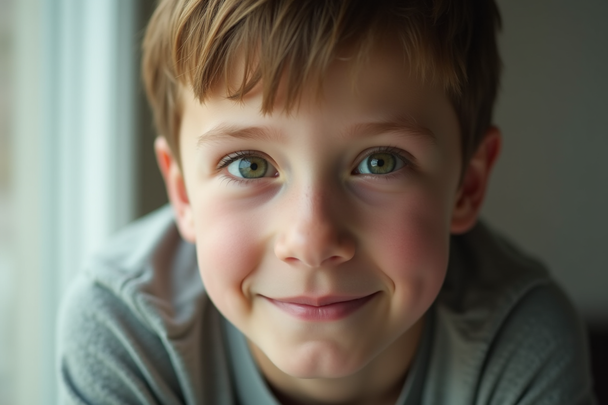 Jeune garçon avec yeux verts et peau lumineuse en intérieur
