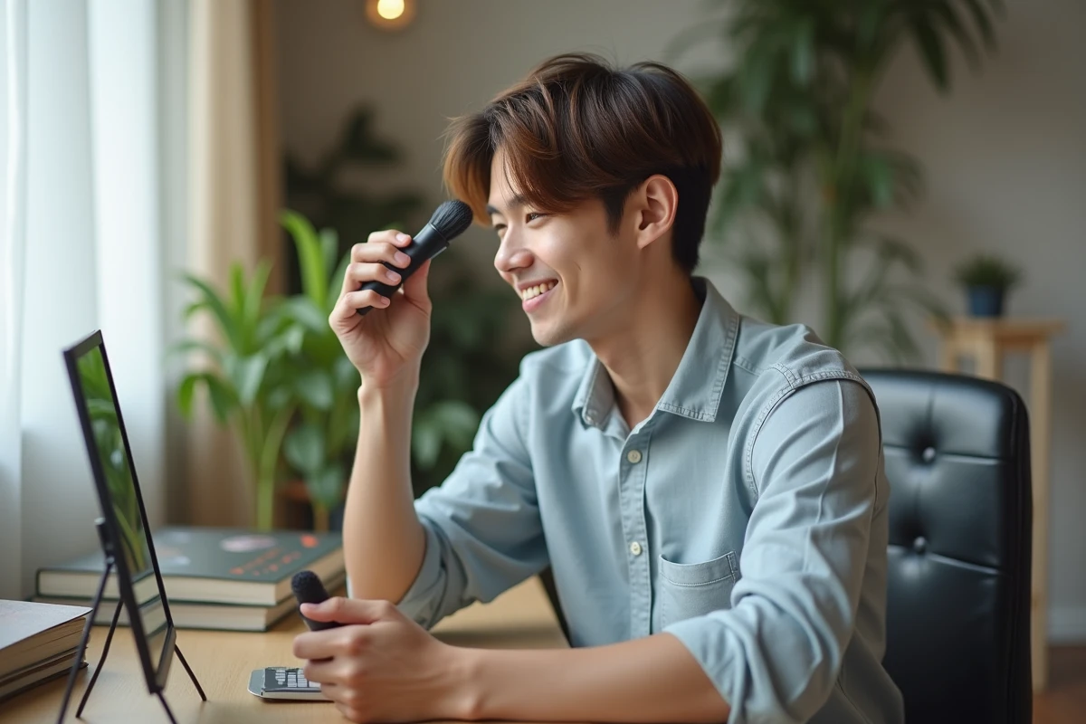 Jeune homme coiffant ses bangs dans un salon lumineux