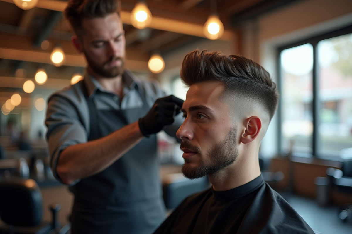 Jeune homme stylé recevant une coupe tendance dans un barbershop