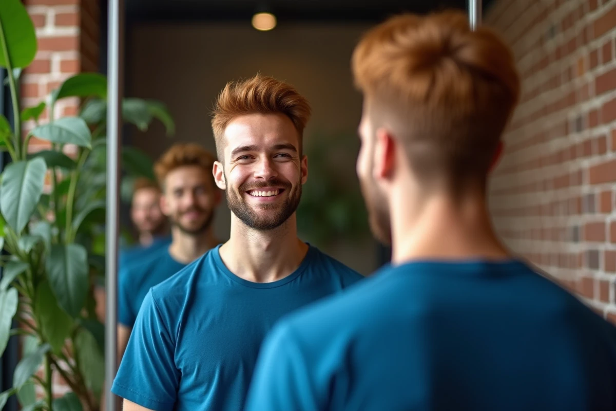 Jeune homme inspectant sa nouvelle couleur de cheveux dans le miroir