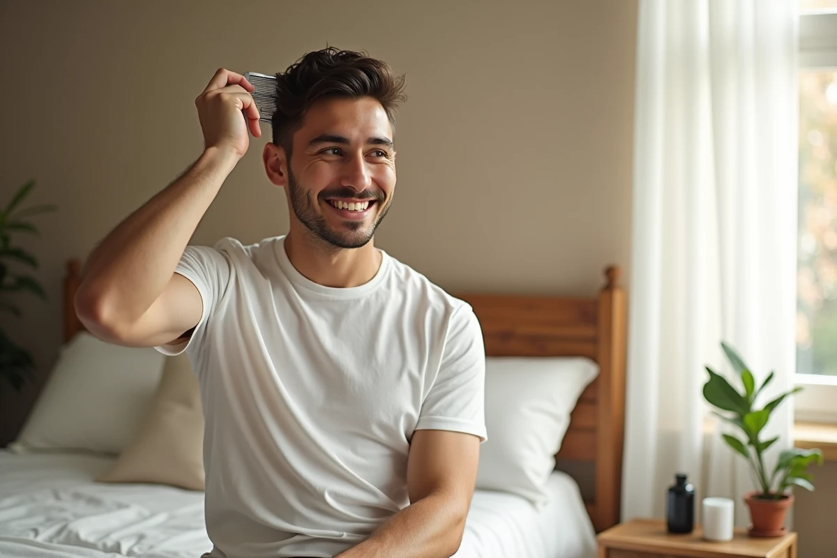 Jeune homme coiffant ses cheveux dans sa chambre
