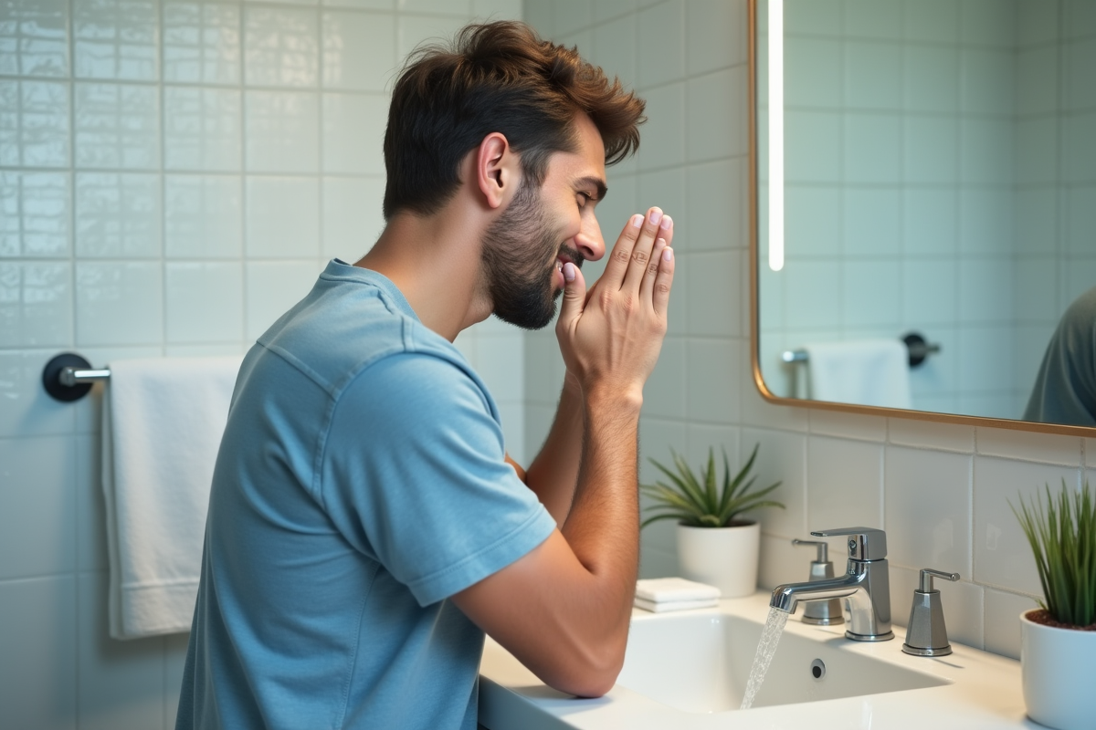 Jeune homme se lavant le visage dans une salle de bain lumineuse