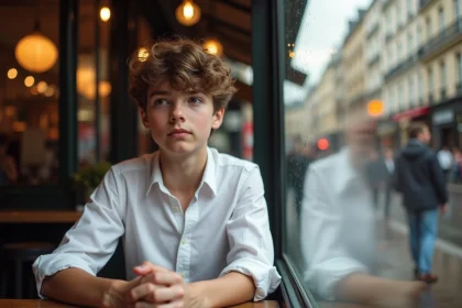 Jeune gar&ccedil;on regardant par la fen&ecirc;tre d'un caf&eacute; parisien