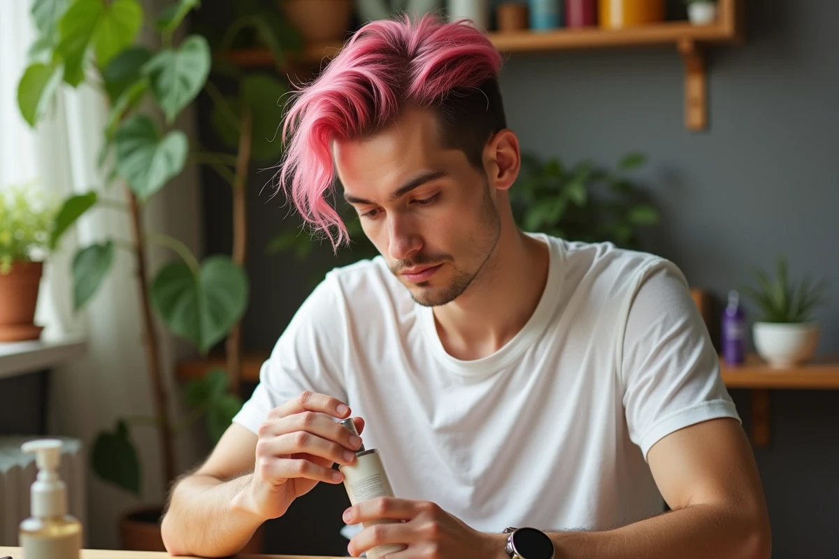 Jeune homme appliquant un serum capillaire dans une chambre lumineuse