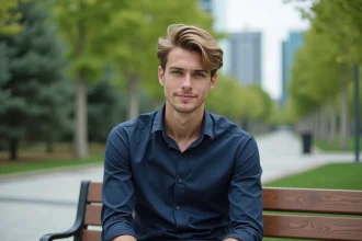 Jeune homme en ville avec chemise bleue dans un parc urbain