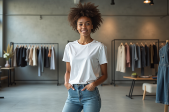 Jeune femme confiante en studio avec portfolio