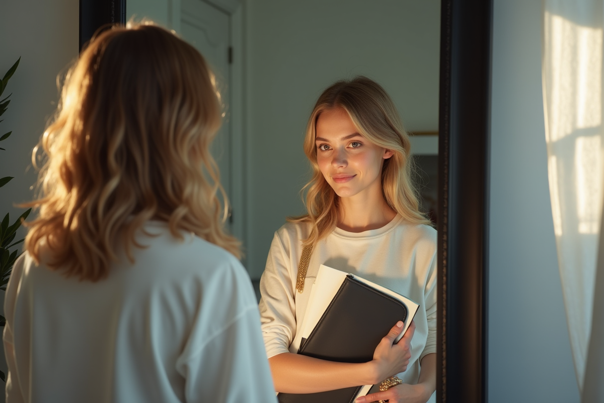 Jeune modele se prepare devant un grand miroir en studio