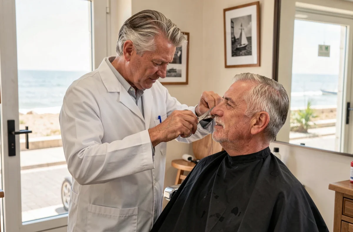 Barbier expérimenté réalisant une coupe classique aux ciseaux chez Laurent Bruneteau à Royan