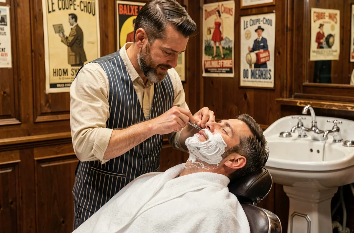 Rasage traditionnel au rasoir droit dans le salon Le Coupe-Chou à Bordeaux