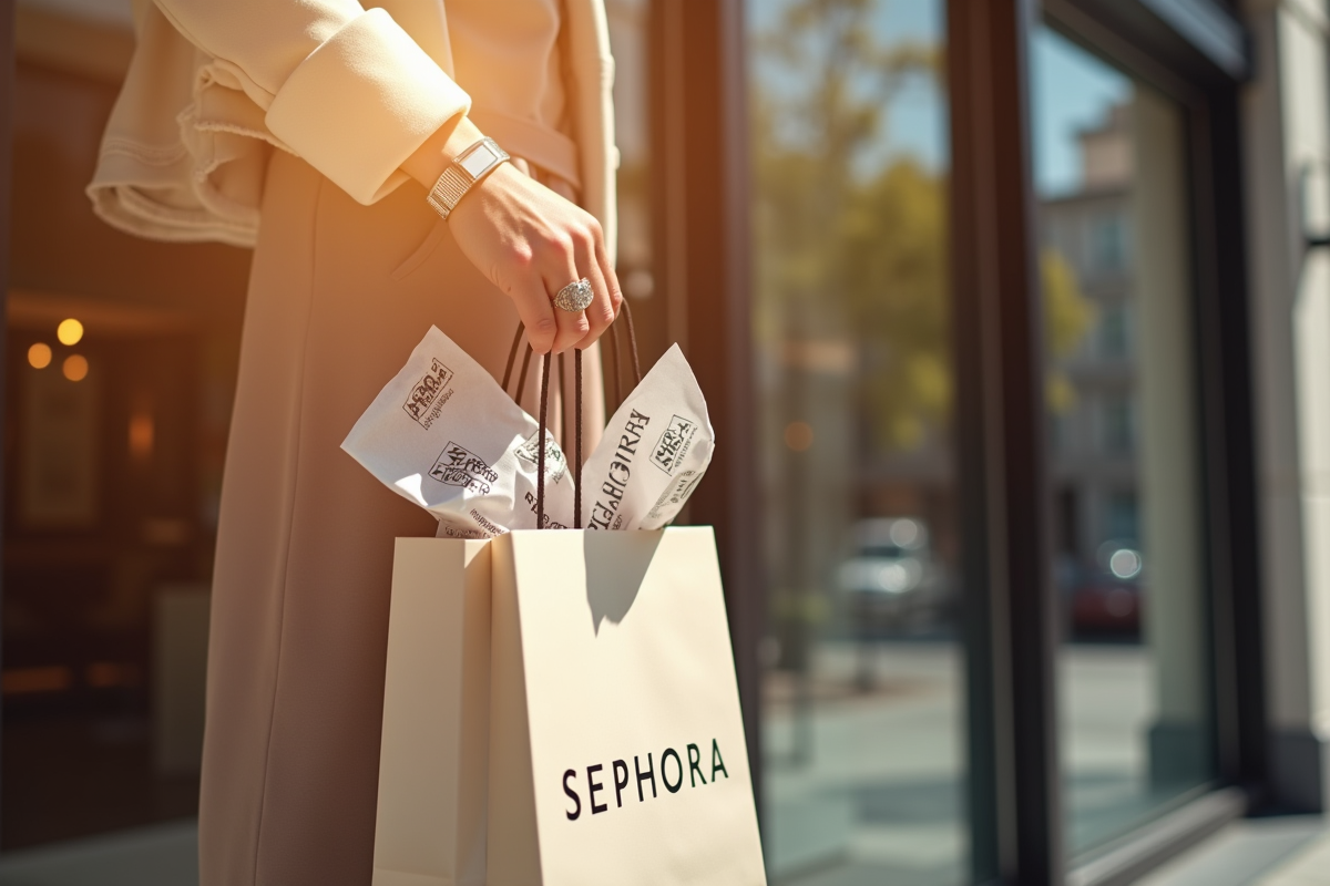 Main tenant un sac de beauté devant une façade Sephora