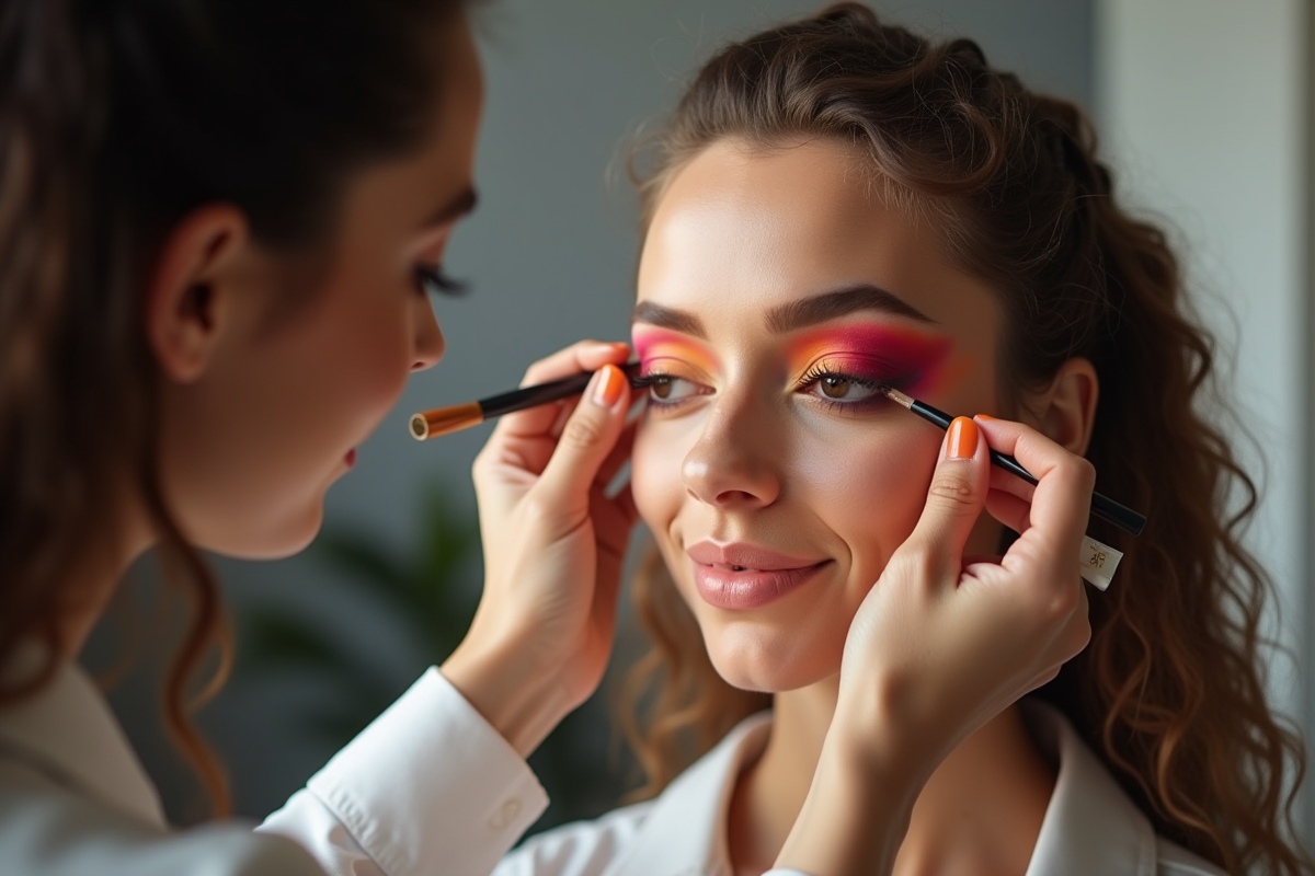 Maquilleuse confiante appliquant un maquillage coloré en studio lumineux